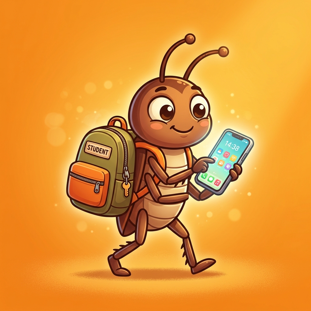 Student cockroach holding smartphone CJP Mission