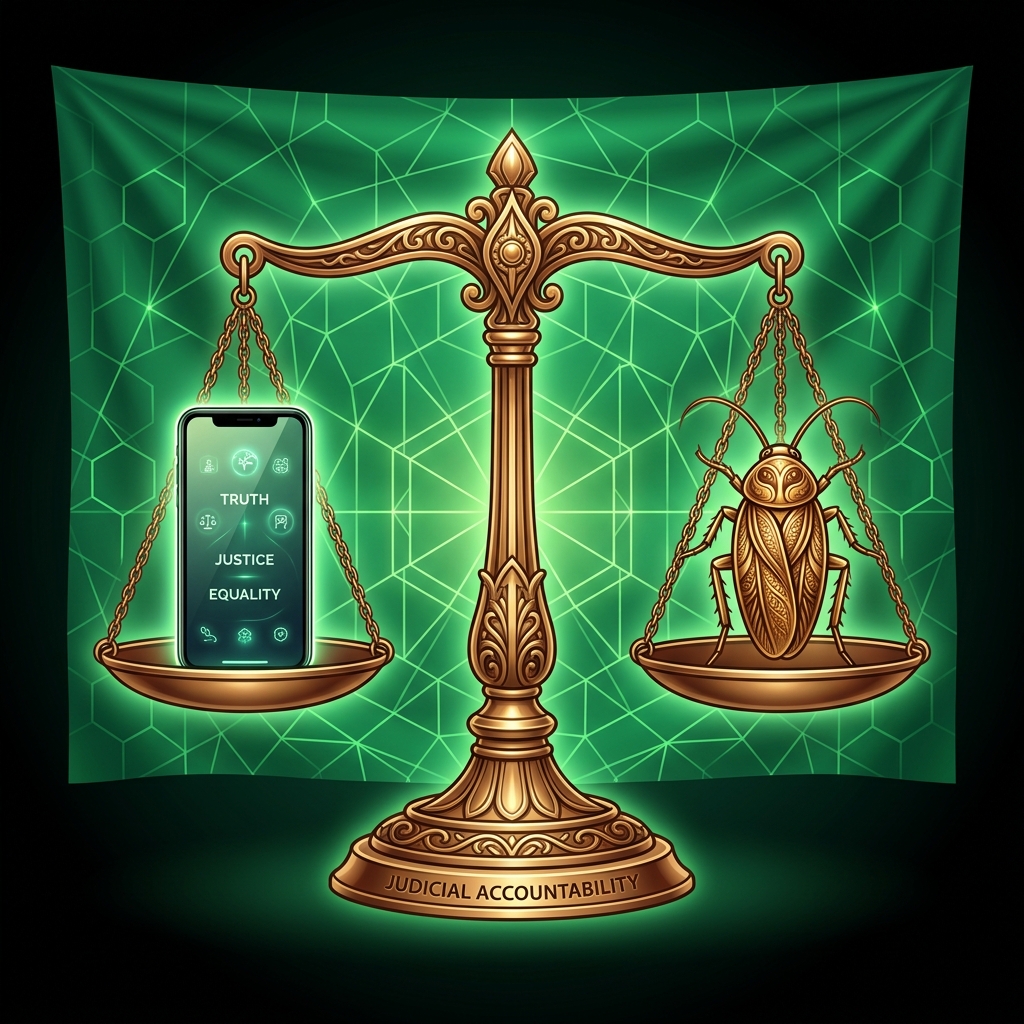 Scales of justice with smartphone and cockroach CJP Vision